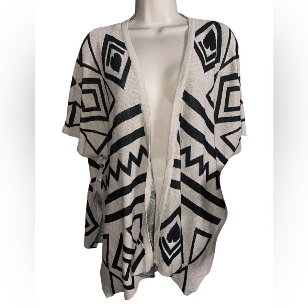 Maddison Tan Black Print Cardigan Soft Kimono Draped Sleeves Side Bottom Small